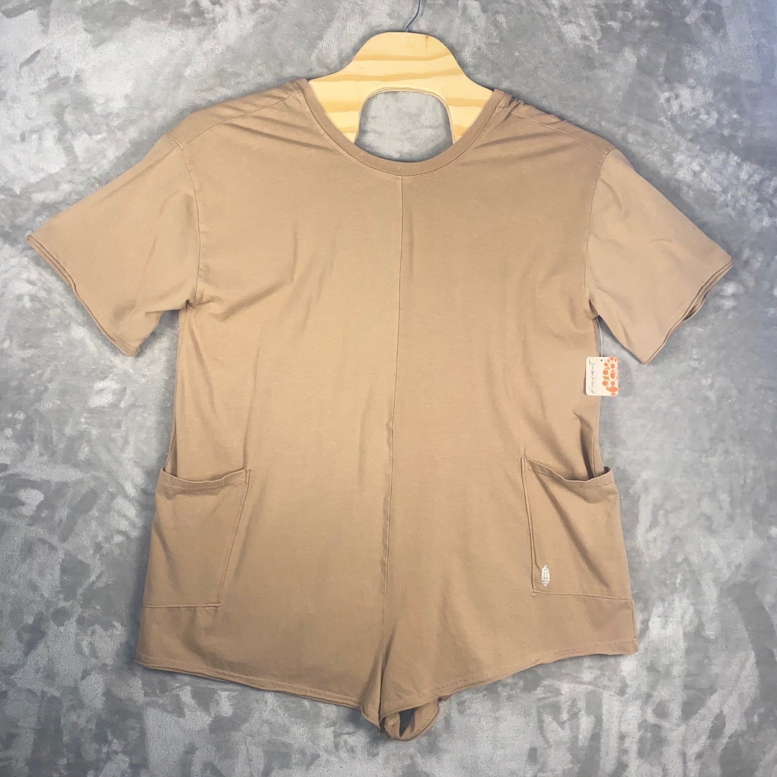 Free People Fp Movement Romper Womens L Tan Hot Shot Reversible Short Sleeve Nwt